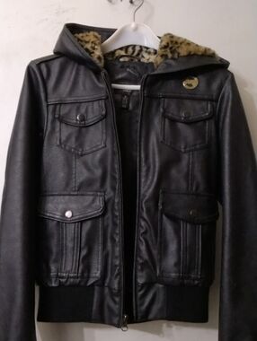 Vintage Obey Black Faux Leather Hooded Jacket W/ Faux Leapord Fur Women's Size S